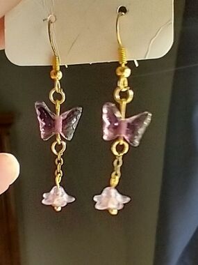 Artisan Purple Glass Butterfly & Frosted Flower Earrings | Whimsigoth Ethereal